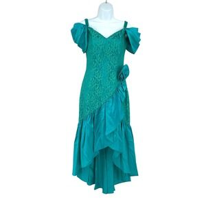 Vintage 80s teal prom dress L.A. Glo lace off shoulder rosette gown